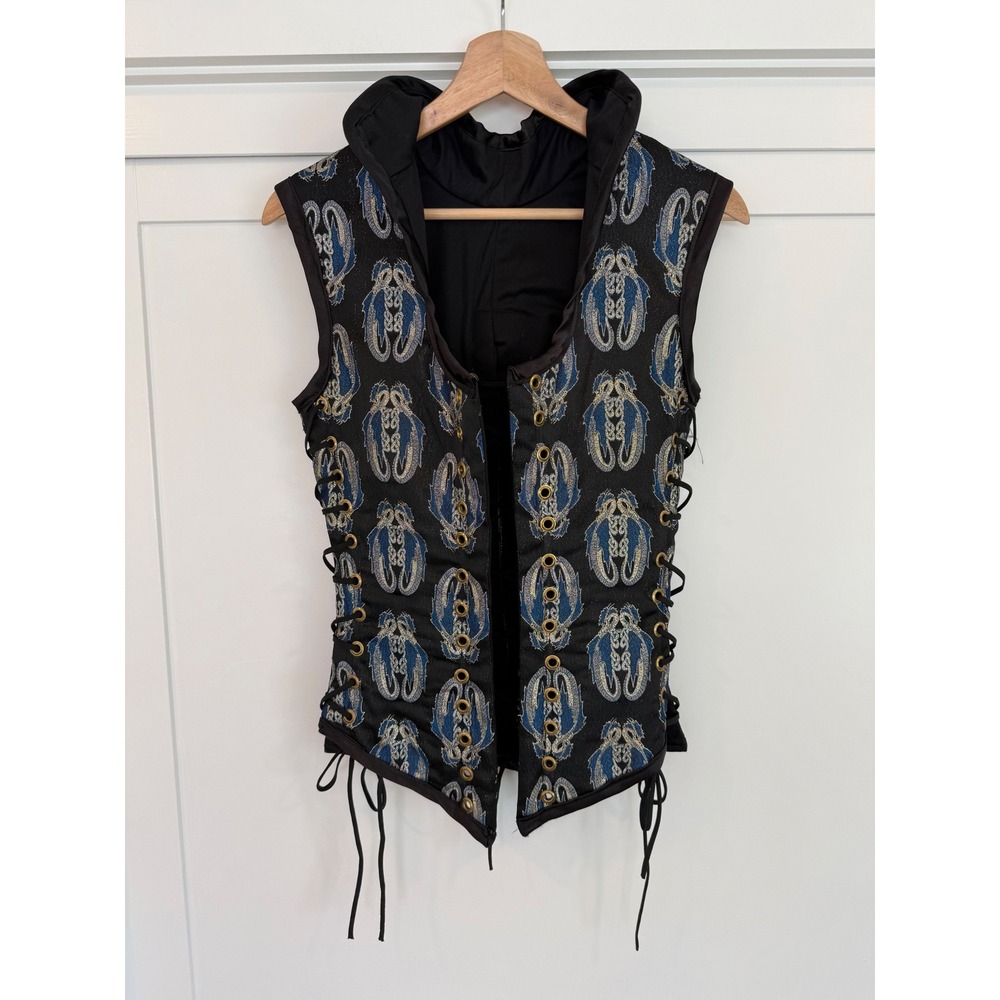 Tapestry Dragon Brocade Corset Vest Hooded Lace Up Renaissance Bodice Black Blue